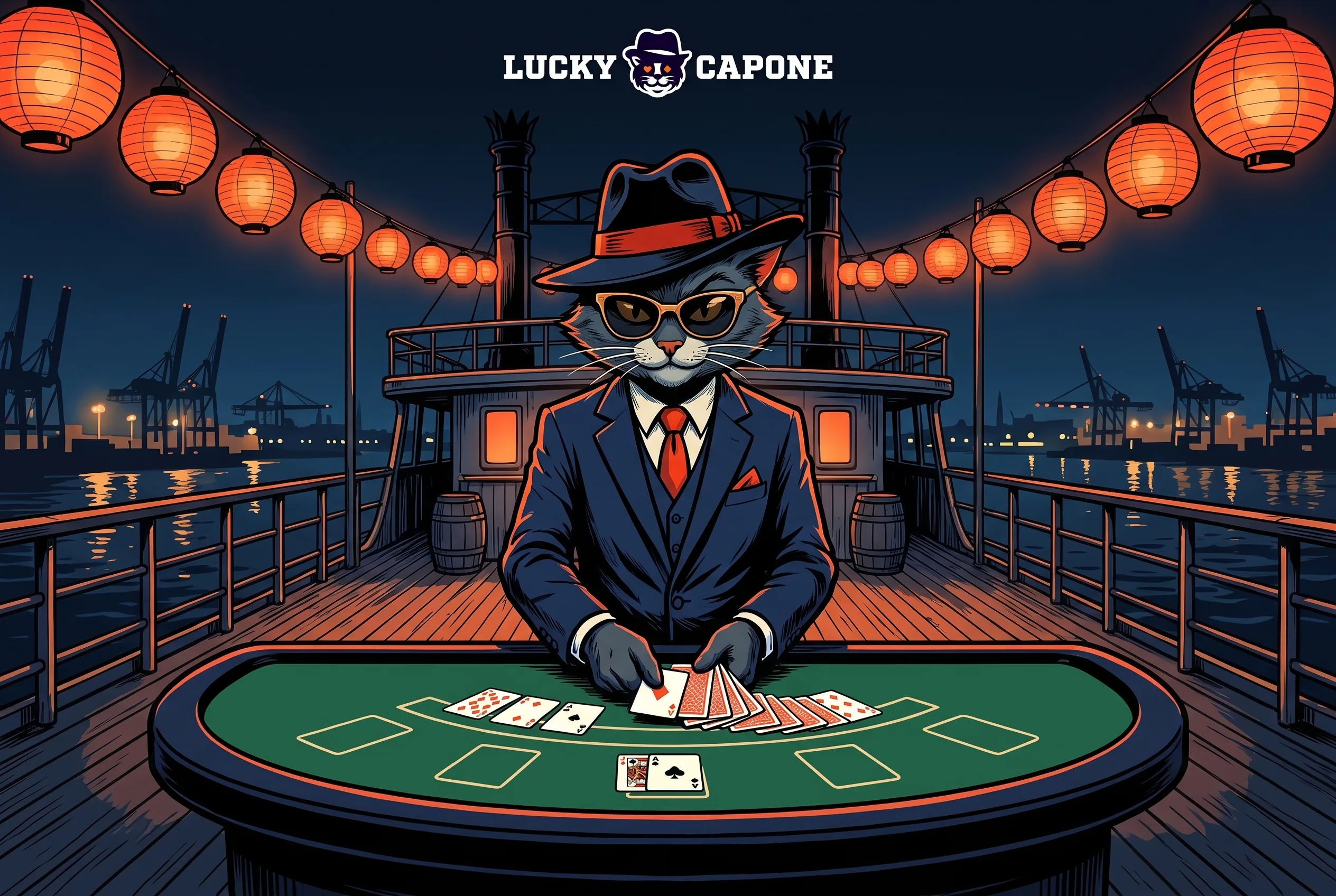 Lucky Capone als Croupier an einem Blackjack-Tisch im Hamburger Hafen