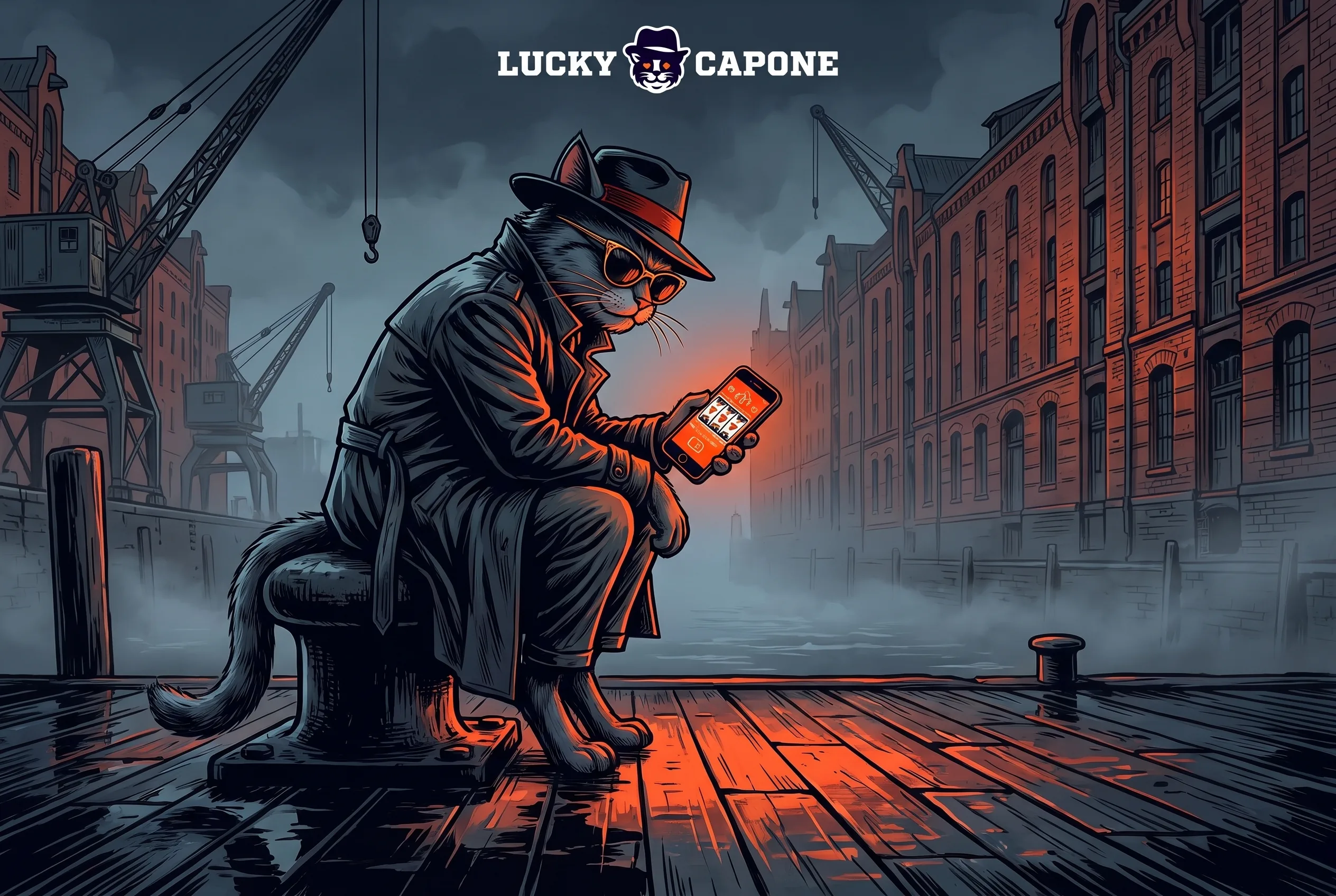 Lucky Capone spielt auf einem Smartphone im Hamburger Hafen