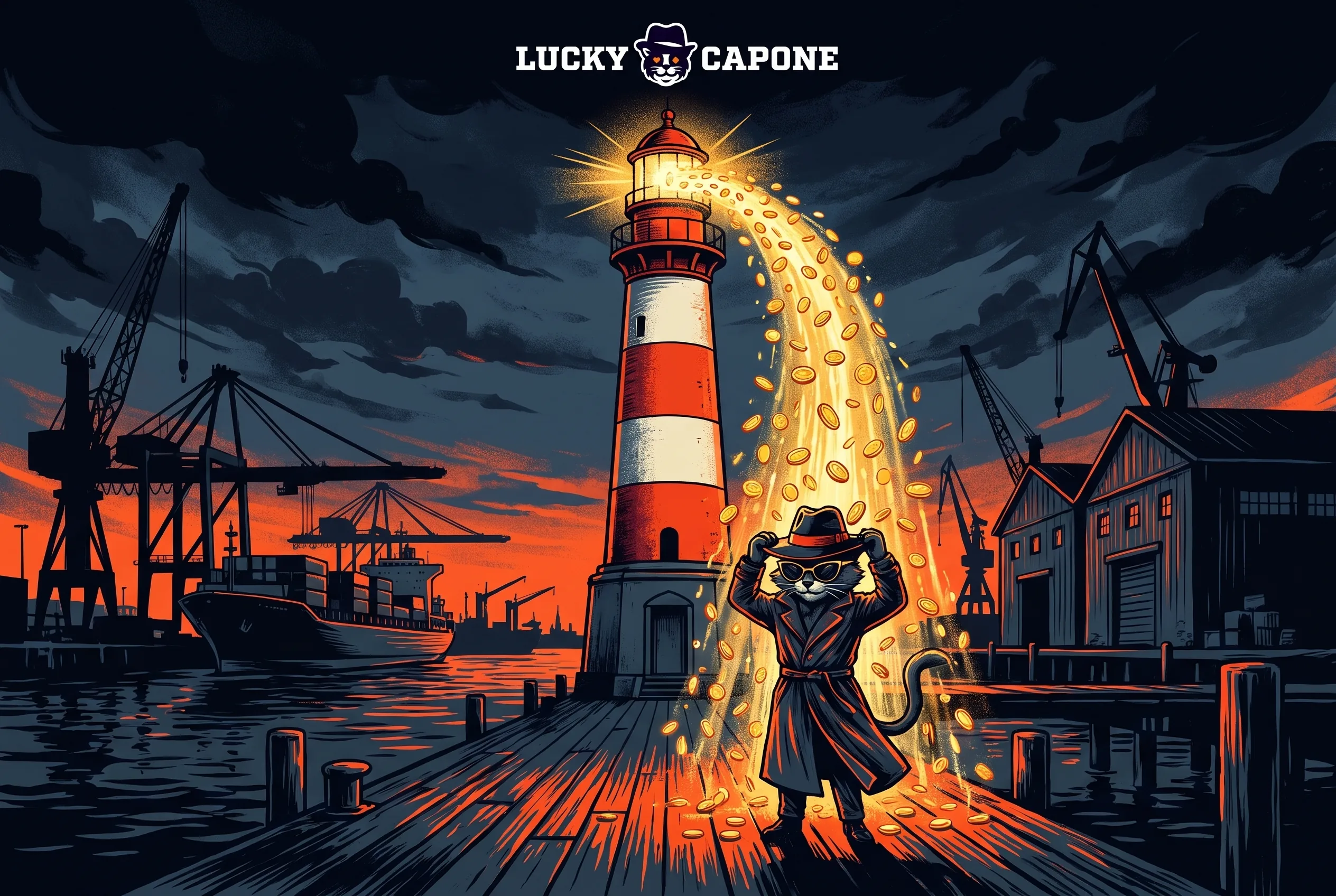 Lucky Capone am Leuchtturm im Hamburger Hafen mit goldenen Münzen